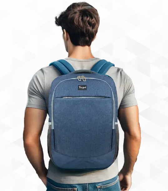 Man wearing a stylish blue Travipak backpack, perfect for travel, work, and everyday use.