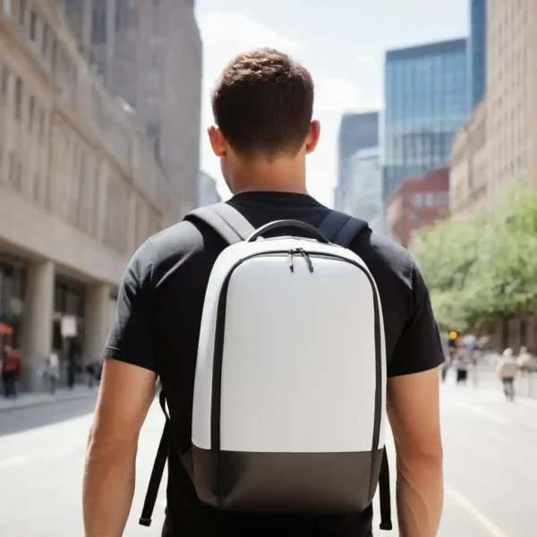 Man wearing the Vanguard Anti-theft Backpack, featuring hidden zippers and cut-resistant material for security.