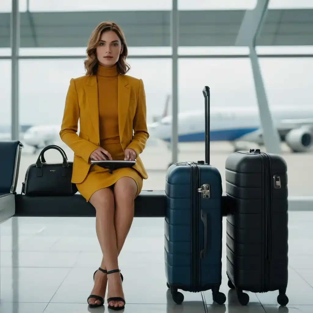 A woman sitting at an airport terminal in a yellow suit, with a black handbag and two suitcases beside her. Join the Adventure. Join the Adventure