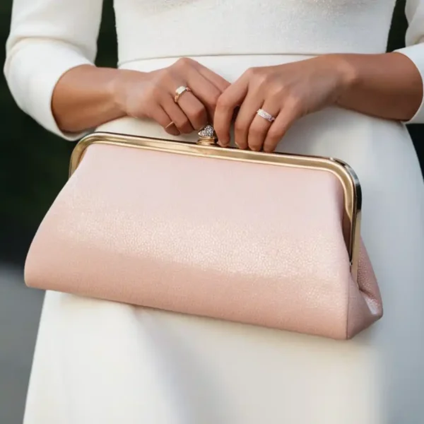 Woman holding the Clutch Essence, a sleek and minimalist clutch, perfect for parties, weddings, and special occasions.