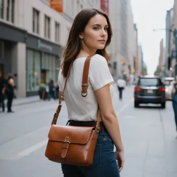 Woman carrying the Roamer Crossbody Bag with an adjustable strap, showcasing its sleek and modern design.