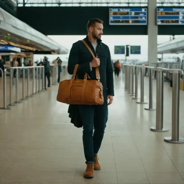 Man holding the Duffel Bag Voyager, a large capacity, water-resistant travel bag, ideal for gym and travel.