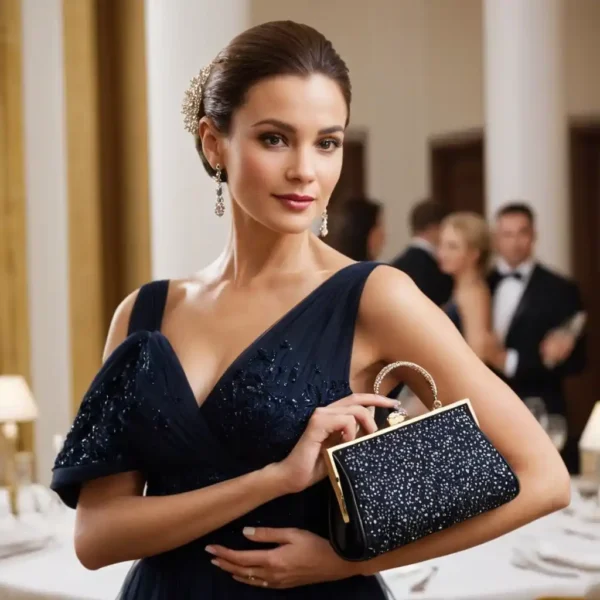 Woman holding the Evening Bag Elegance, a luxurious shimmering clutch, perfect for parties, weddings, and special occasions.