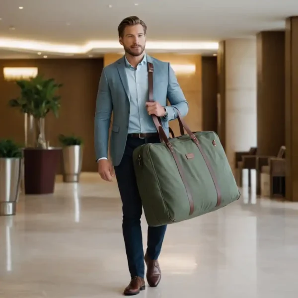 Man carrying the Garment Bag Journey, a durable and wrinkle-free travel bag with a shoulder strap.