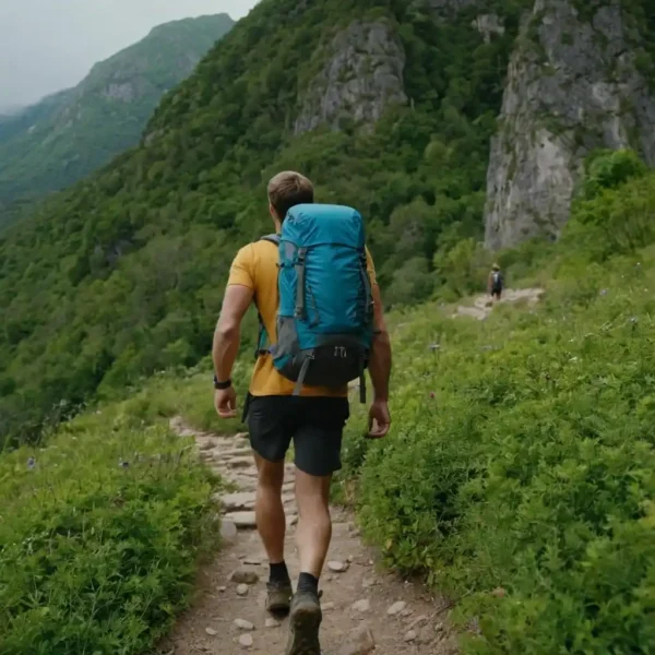 Man trekking outdoors, wearing the Hiking Backpack Ranger, a 45L outdoor adventure pack with ergonomic design and multiple compartments.