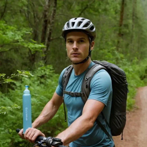 Man riding a bicycle wearing the Hydration Pack Seeker, a 2L water reservoir backpack, perfect for cycling and outdoor activities.