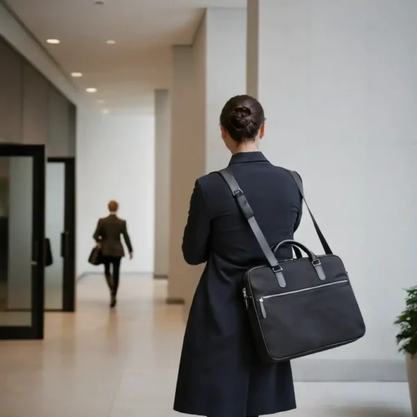 Woman carrying the Laptop Bag Envoy, a 15.6-inch professional briefcase with a sleek design, perfect for business and commuting.