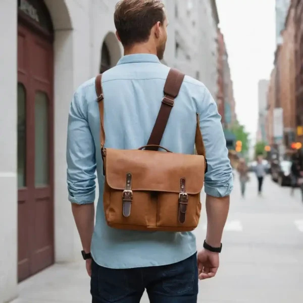 Man carrying the Messenger Bag Urbanite, a sleek and durable bag with an adjustable strap.