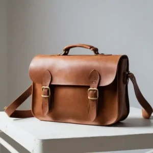 Maverick Satchel – Rugged leather satchel with brass buckles, adjustable strap, and spacious compartments. Perfect for work, travel, and everyday use.