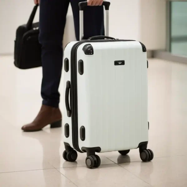 Man holding Odyssey Spinner Luggage - 24-inch hard shell suitcase with TSA lock and 360° spinner wheels.