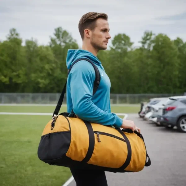 Man carrying a yellow Travipak duffel bag, highlighted as Deal of the Day with a 20% discount.