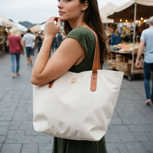 Woman carrying the Wanderer Tote Bag, a spacious and durable design with reinforced handles, perfect for everyday use.