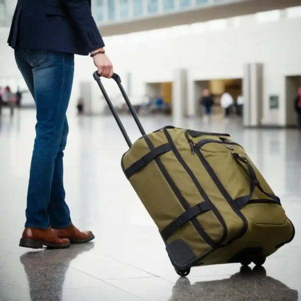 Man at the airport pulling the Expedition Wheeled Duffel Bag, featuring durable wheels and large capacity for travel.