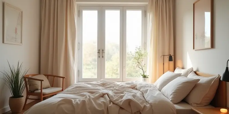 Cozy Airbnb room with minimalistic decor and natural lighting.