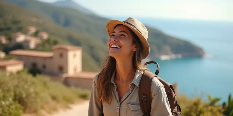 Happy traveler exploring a picturesque travel destination with a smile.