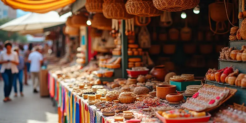 Local market stall showcasing handmade souvenirs and crafts.