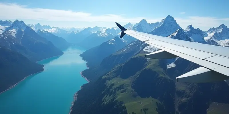 Plane flying over a scenic travel destination with mountains and lakes.