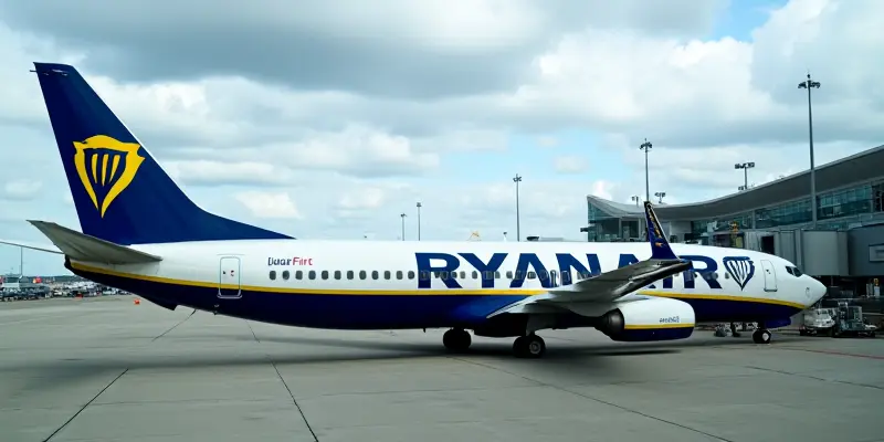 Ryanair plane parked at an airport gate.