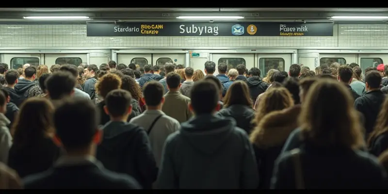 Crowded subway station with passengers boarding a local train.