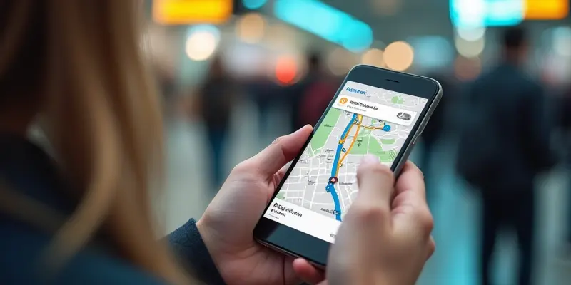 Traveler using a smartphone app to navigate travel routes.