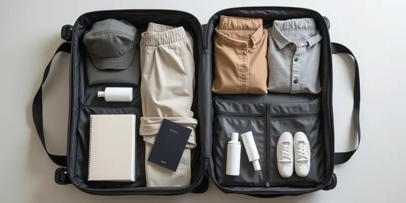 Flat lay of a travel bag with packing cubes, versatile clothing, and essentials.