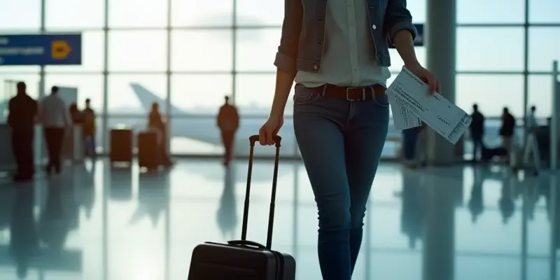 Traveler holding a plane ticket near an airport terminal.