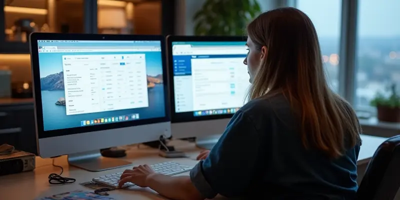 Traveler using multiple screens and a VPN tool to find cheap flights.