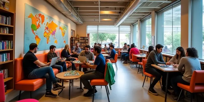 Travelers enjoying a social common area in an affordable hostel in Europe.