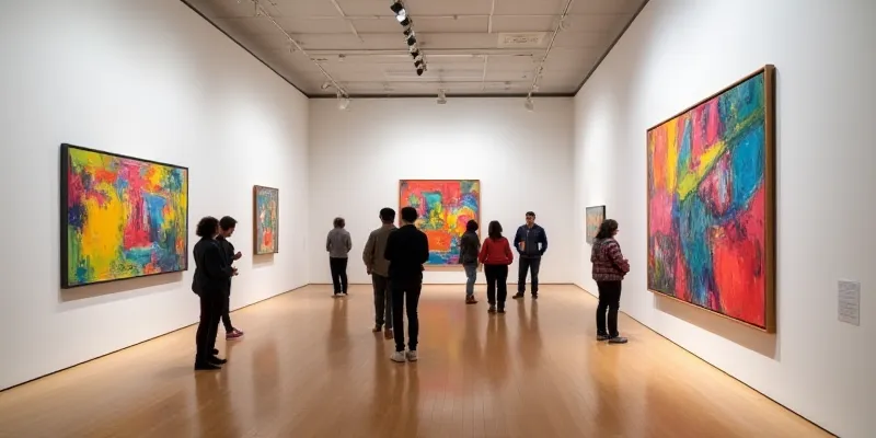 An art gallery interior with a modern design, featuring colorful paintings on white walls and a polished wooden floor. Visitors are admiring the artwork, with a focus on one person standing close to a large, vibrant abstract painting.