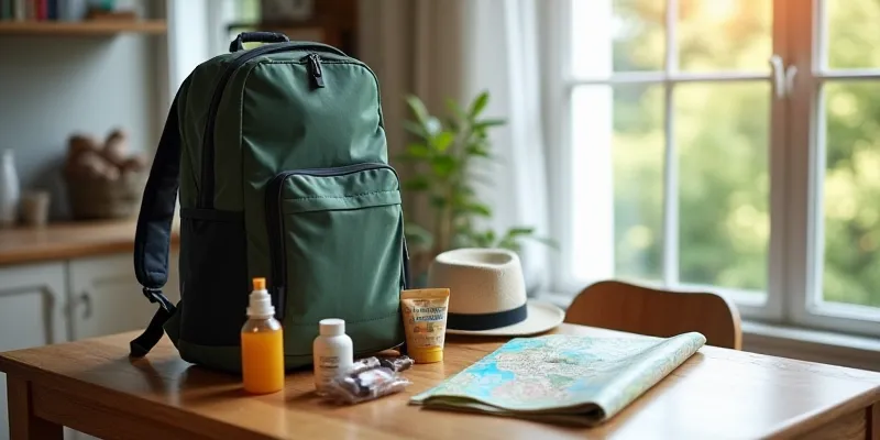 A neatly packed backpack on a wooden table, with essentials like a water bottle, sunscreen, a hat, snacks, and a folded map arranged next to it. The setting is by a window with soft natural light streaming in.