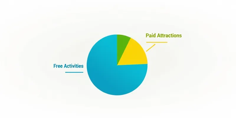 A simple, modern infographic-style pie chart on a clean white background. The chart illustrates cost savings from free activities compared to paid attractions, using vibrant colors like blue, green, and yellow. Labels such as 'Free Activities' and 'Paid Attractions' are clearly visible.