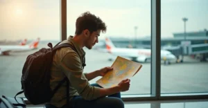 Budget traveler at an airport terminal planning a trip with a map, highlighting the importance of travel insurance for budget-conscious travelers.