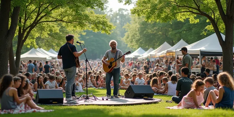 An outdoor festival scene in a city park during the day, with a live music performance taking place on a small stage. A cheerful crowd is gathered, with people sitting on picnic blankets, children playing, and food stalls visible in the background.