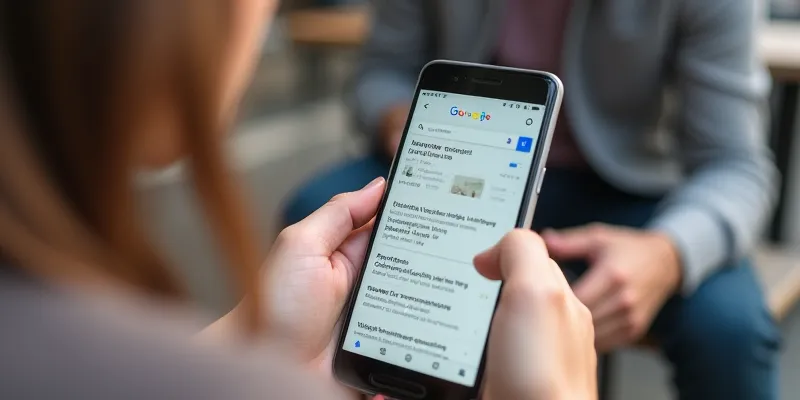 A close-up of a smartphone screen showing Google search results for 'free things to do tonight near me.' The search results include phrases like 'free events,' 'outdoor concerts,' and 'community festivals,' with the phone held by a person sitting at a café table.