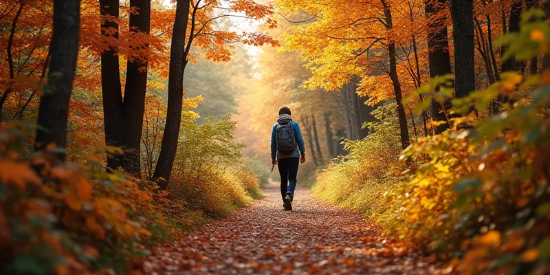 A serene hiking trail in an autumn forest, lined with colorful orange, red, and yellow leaves. A lone hiker wearing a backpack and hiking boots is walking down the path, enjoying the peaceful atmosphere. Sunlight filters through the trees, creating a warm glow.