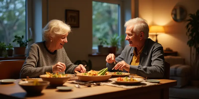 Guest and host sharing a meal in a cozy homestay near a travel destination.