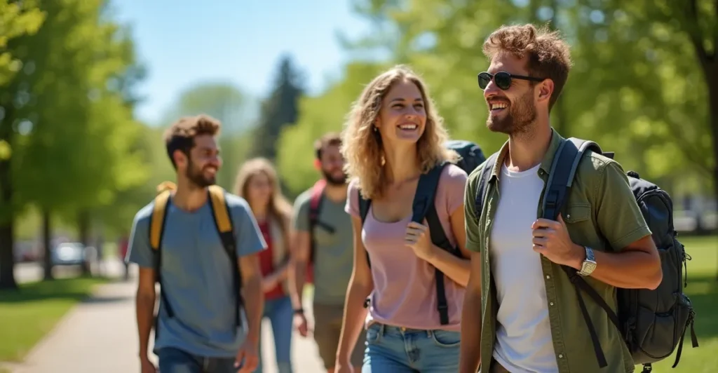 A diverse group of friends exploring a scenic park on a sunny day, with lush green trees, a clear blue sky, and a walking path in the background. The group is smiling and carrying small backpacks, evoking a sense of adventure and camaraderie.