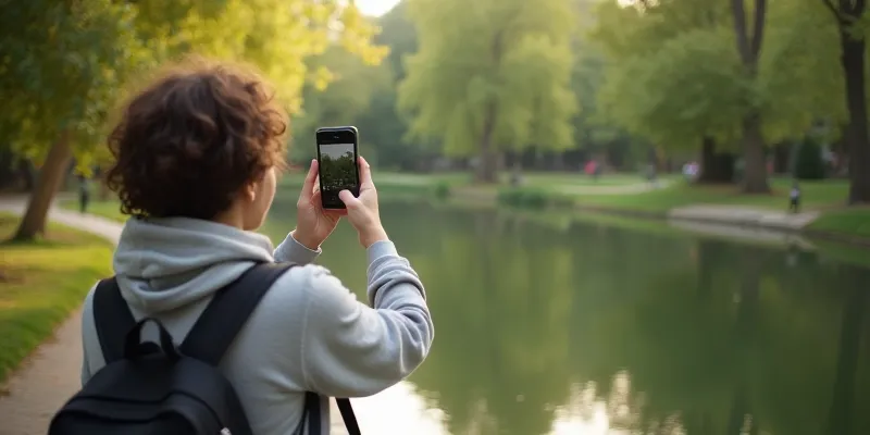 A person taking photos of a quiet park during off-peak hours. The park features a peaceful walking trail surrounded by trees and a small pond reflecting the soft morning light. The person is using a smartphone and appears relaxed.