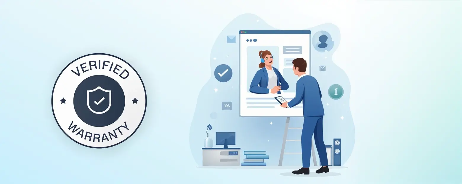 Professional header image for product registration page featuring a verified badge, warranty certificate, and customer support icons to inspire trust and reliability.