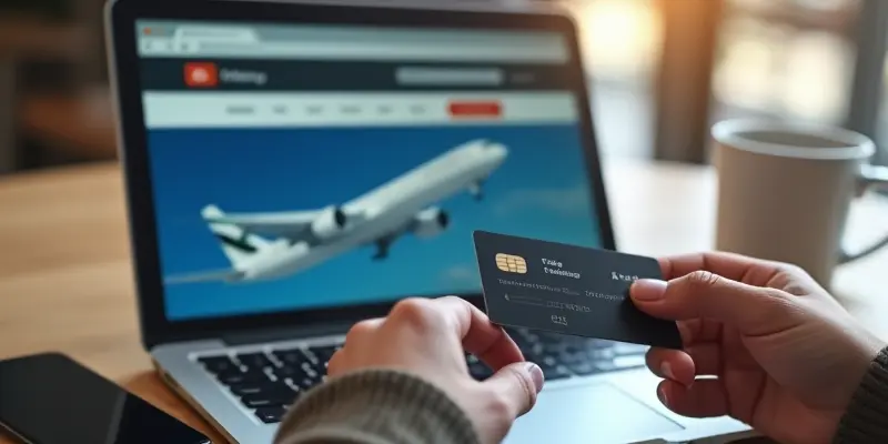 Traveler using credit card rewards to book flights online.