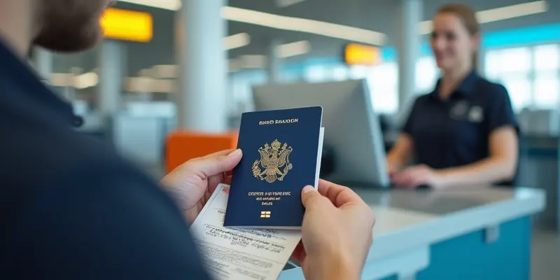 Traveler showing Schengen visa and travel insurance at airport customs, emphasizing the need for travel insurance for international trips.