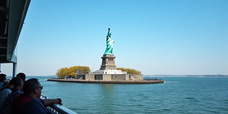 A breathtaking view of the Statue of Liberty seen from the deck of the Staten Island Ferry. The foreground shows the ferry railing, with passengers enjoying the view, while the iconic statue rises against a clear blue sky in the background.