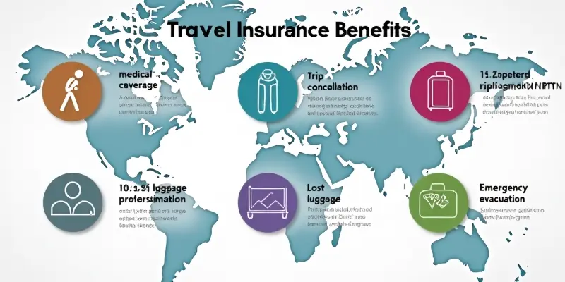 Infographic showing travel insurance benefits, including medical coverage, trip cancellation protection, and emergency evacuation, ideal for budget travelers.