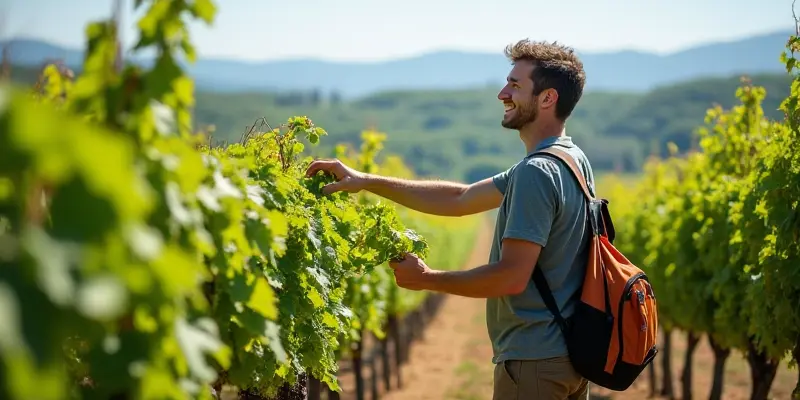 Traveler working in a vineyard as part of a work exchange program in Europe.