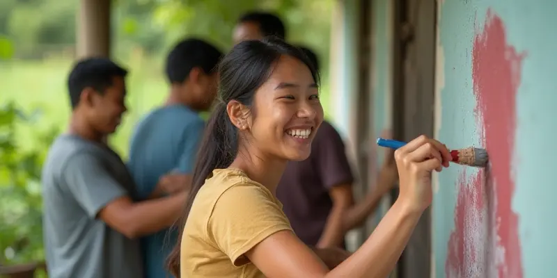 Volunteer working on a building project as part of a workstay program abroad.