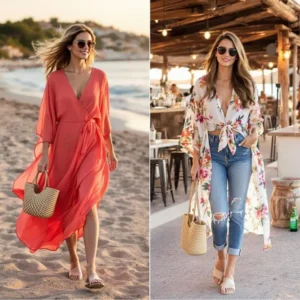 Wrap dress, slides, kimono, and crossbody bag transitioning from beach to evening. Travel Outfits for Europe