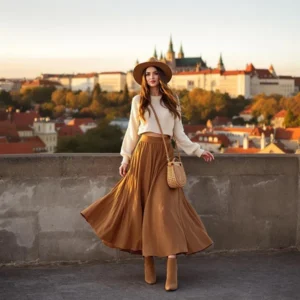 Midi skirt, cropped sweater, ankle boots, and a wide-brim hat for a boho travel look. Travel Outfits for Europe