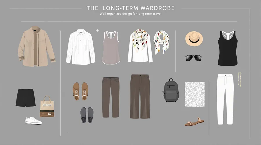 Infographic showing a capsule wardrobe with neutral colors, versatile basics, and statement pieces for long-term travel.