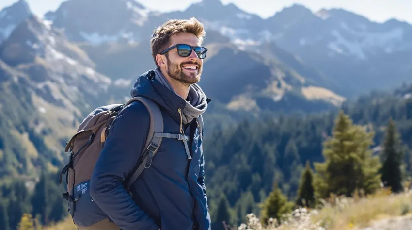 A confident traveler smiling with a backpack, wearing a stylish yet practical outfit in a scenic location.