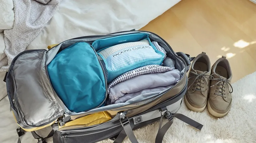 A neatly packed backpack with clothing organized in packing cubes and a pair of comfortable shoes nearby.